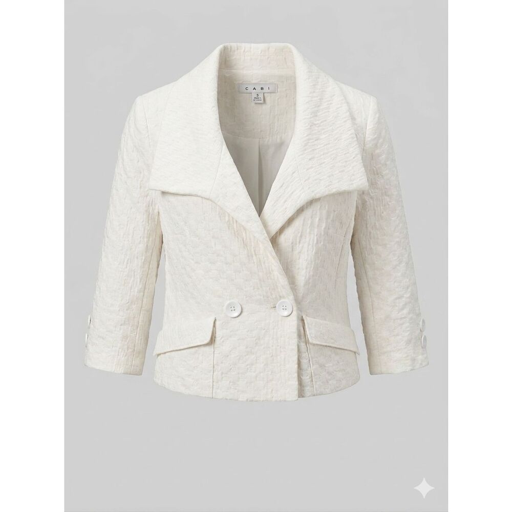 Cabi Club Blazer White Textured Double Breasted 3/4 Sleeve Jacket M